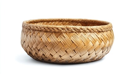 Poster - Traditional handcrafted wicker basket on a white background showcasing intricate weaving and natural materials for home decor.