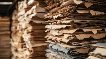 Poster - Close up of stacked chipboard sheets in a warehouse showcasing textured lumber with ample copy space for advertising or marketing use