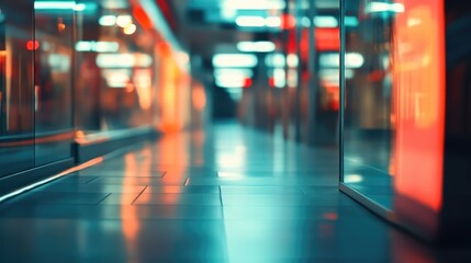 Poster - Blurred interior perspective of a modern shopping center featuring vibrant lighting and reflective surfaces on the floor