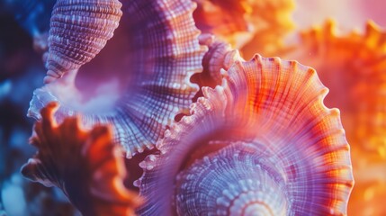 Poster - Vibrant close-up of colorful tropical sea shells showcasing intricate textures and patterns illuminated by warm natural light
