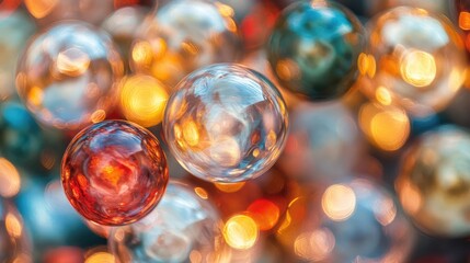 Poster - Abstract colorful glass spheres with blurred background creating a festive and vibrant atmosphere for artistic and design concepts.