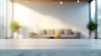 Poster - Blurred interior of a modern living room showcasing minimalist design with bright lighting and an open view for a contemporary ambiance