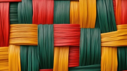 Poster - Colorful woven texture background with green, red, yellow, and orange strands in intricate pattern perfect for design projects.