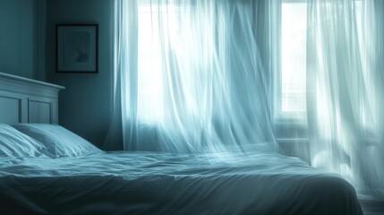 Poster - Softly lit bedroom with flowing curtains and inviting bed creating a serene and tranquil atmosphere for restful moments