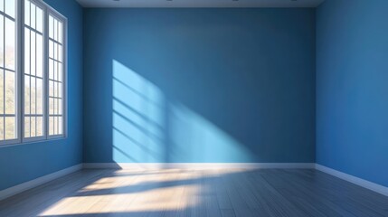 Poster - Bright blue wall in an empty living room featuring natural light and wooden flooring ideal for interior design inspiration and decoration ideas