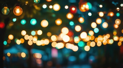 Poster - Festive bokeh lights creating a dreamy atmosphere in a park setting during nighttime showcasing vibrant colors and a blurred background effect