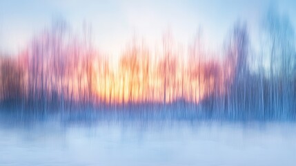 Poster - Soft focus winter sunset in a snowy forest with trees silhouetted against a colorful sky, creating a tranquil nature park atmosphere.
