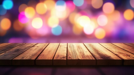 Poster - Warm multi colored bokeh lights with wooden table in foreground ideal for product display or festive backgrounds