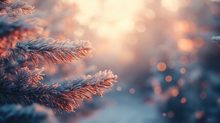 Poster - Winter landscape with blurred background featuring snow-covered fir branches illuminated by soft sunlight and shimmering bokeh effects