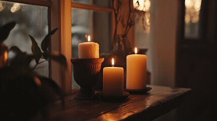 Poster - Serene Scandinavian interior with glowing candles creating a warm ambiance in a cozy room setting during twilight hours.