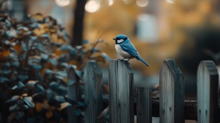 Wall Mural - A vibrant bluebird perched on a wooden fence with blurred autumn foliage in the background creating a serene nature scene.