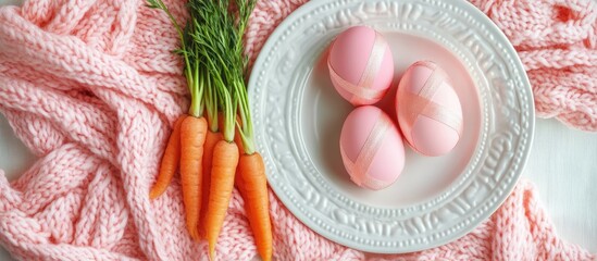 Wall Mural - Easter table arrangement with pink decorative eggs and knitted carrots on a textured fabric background overhead view of spring decor