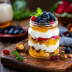 Wall Mural - Layered Greek Yogurt Dessert with Mixed Berries, Honey, and Mint  

