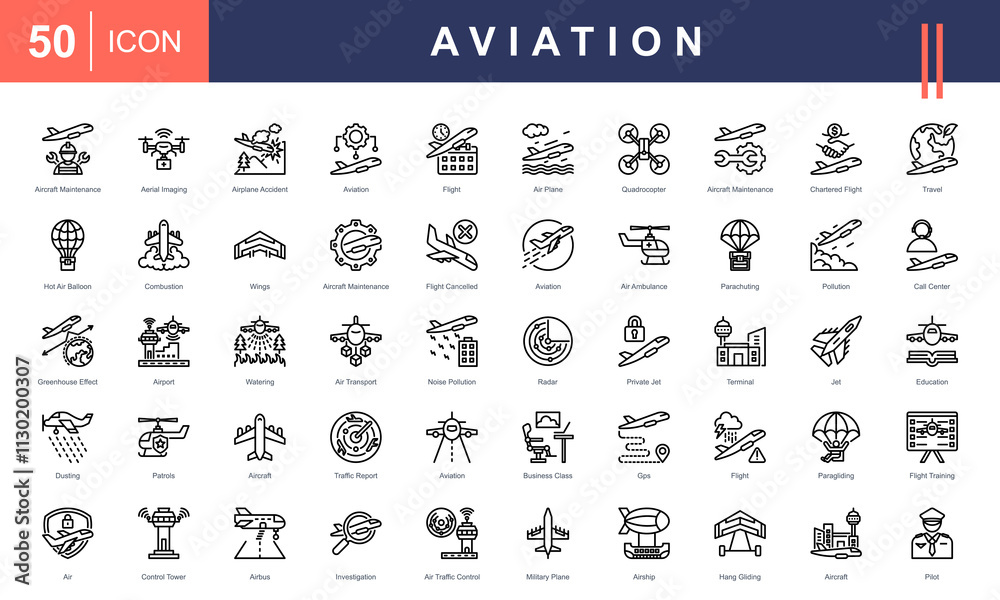 Aviation icon set with aircraft maintenance, aerial Imaging, airplane ...