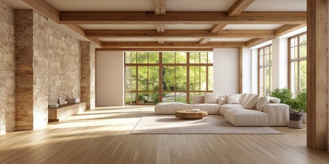 Canvas Print - Spacious empty living room featuring wooden beams, wooden floors, and a stone wall, designed for modern living. The empty living room highlights the charm of wood and stone elements.