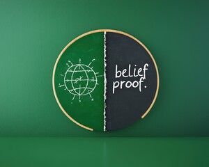Poster - A chalkboard splitting into two halves labeled belief and proof.