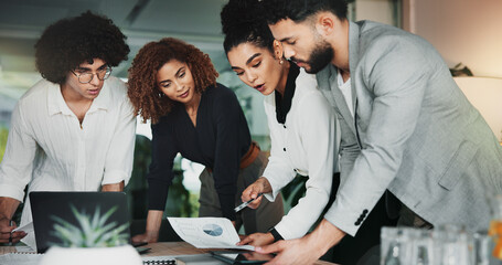 Poster - Collaboration, documents and project management with business people in office for design discussion. Analytics, meeting and web development with employee team in workplace for planning or strategy