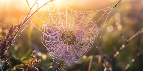 Wall Mural - The luminous glow of iridescent spider webs sparkles beautifully in the morning sun, showcasing the intricate patterns of iridescent spider webs in nature s art.