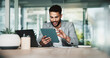 © peopleimages.com - Research, smile and man with tablet, office and investigative journalism for newsroom and online. Business, digital and person with info for story, reporter and professional for project and desk