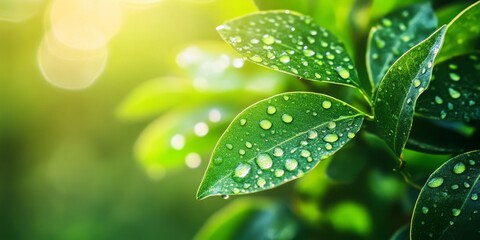 Wall Mural - green leaves adorned with droplets of dew reflect a serene morning atmosphere. the fresh greenery en
