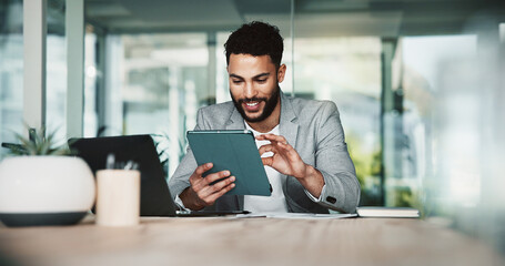 Poster - Research, smile and man with tablet, office and investigative journalism for newsroom and online. Business, digital and person with info for story, reporter and professional for project and desk