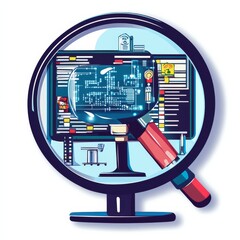 Poster - Magnifying the Digital World: A magnifying glass focuses on a computer screen displaying intricate code.