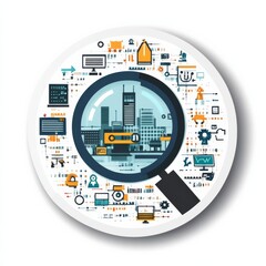 Poster - City Under the Lens: A magnifying glass reveals a bustling metropolis, surrounded by intricate icons representing technology, innovation, and urban development.