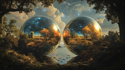 Canvas Print - Two reflective spheres show autumnal scenes, starry sky.