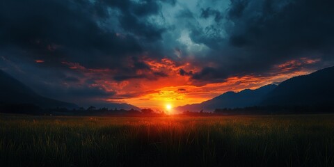 Wall Mural - Dramatic dark contrasting sunset over stunning natural landscapes creates a mesmerizing scene. Experience the beauty of the dark contrasting sunset illuminating the natural landscapes.