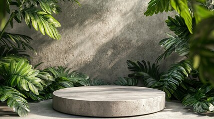 Poster - Gray concrete podium surrounded by lush green tropical leaves on a textured wall.