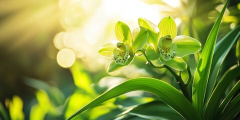 Wall Mural - the vibrant green leaves of the orchid flower are large and wide, beautifully illuminated by the mor