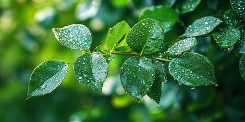 Wall Mural - fresh rose leaves glisten after a heavy rain, showcasing the beauty of nature. the vibrant green of 