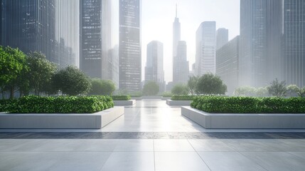 Poster - A serene urban landscape with greenery amidst towering skyscrapers and soft morning light.