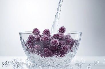 Poster - Fresh raspberries in a glass bowl being washed with water.