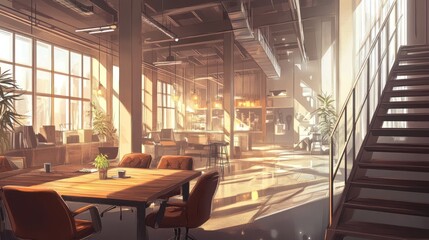 Poster - A modern office space with large windows, wooden furniture, and a cozy atmosphere.