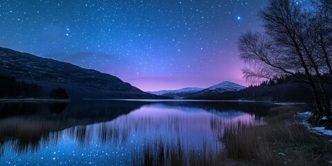 Wall Mural - stunning night sky above a picturesque loch during a clear winter evening in the highlands, showcasing a breathtaking view of the night sky filled with stars and celestial beauty.