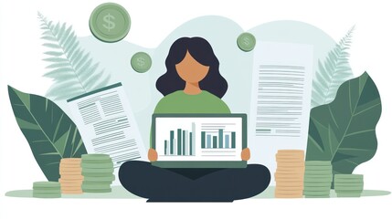 Poster - A person analyzing financial data on a laptop amidst documents and coins.