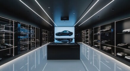Aufkleber - A modern showroom displaying luxury cars with sleek lighting and digital presentations.