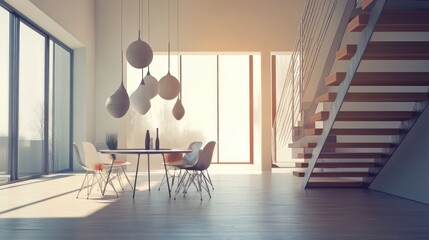 Poster - Modern interior with a dining area and staircase, featuring stylish lighting and furniture.