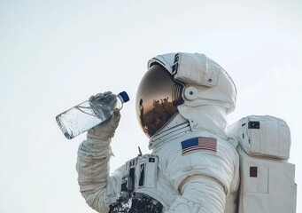 Poster - An astronaut in a space suit drinks water, showcasing hydration in a space environment.