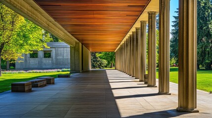 Poster - A serene architectural passage with columns and natural light, surrounded by greenery.