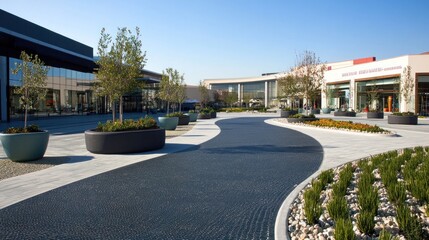 Poster - Modern outdoor shopping area with landscaped paths and planters.