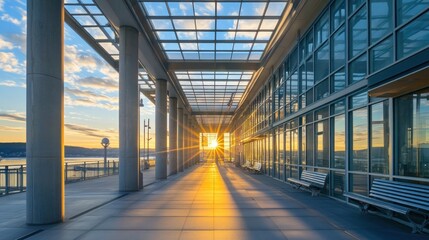 Aufkleber - A modern corridor with glass walls, showcasing a sunset over a waterfront.