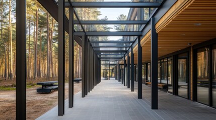 Aufkleber - Modern architectural corridor surrounded by trees, emphasizing natural light and space.