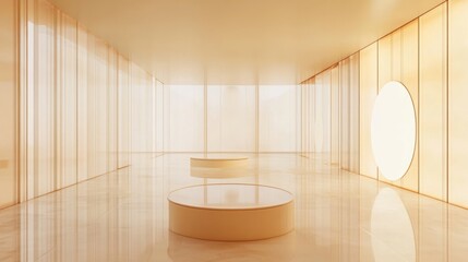 Poster - A serene, minimalist interior space with soft lighting and circular platforms.
