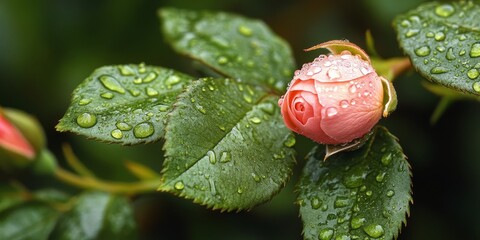 Wall Mural - close up of a pink rose bud resting on a branch adorned with dew on the leaves, showcasing the beaut