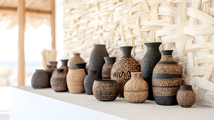 Poster - A collection of intricately designed pottery displayed on a shelf against a textured wall, showcasing artistic craftsmanship and traditional design