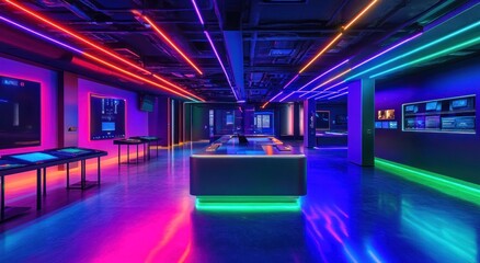 Poster - A modern, illuminated tech space featuring vibrant neon lights and interactive displays.