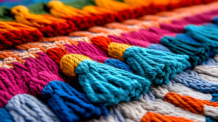 Poster - A vibrant, textured image showcasing colorful tassels woven into a richly patterned fabric, highlighting intricate craftsmanship and bold hues