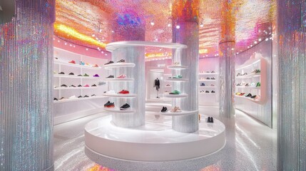 Poster - A modern retail space showcasing colorful footwear on sleek displays.
